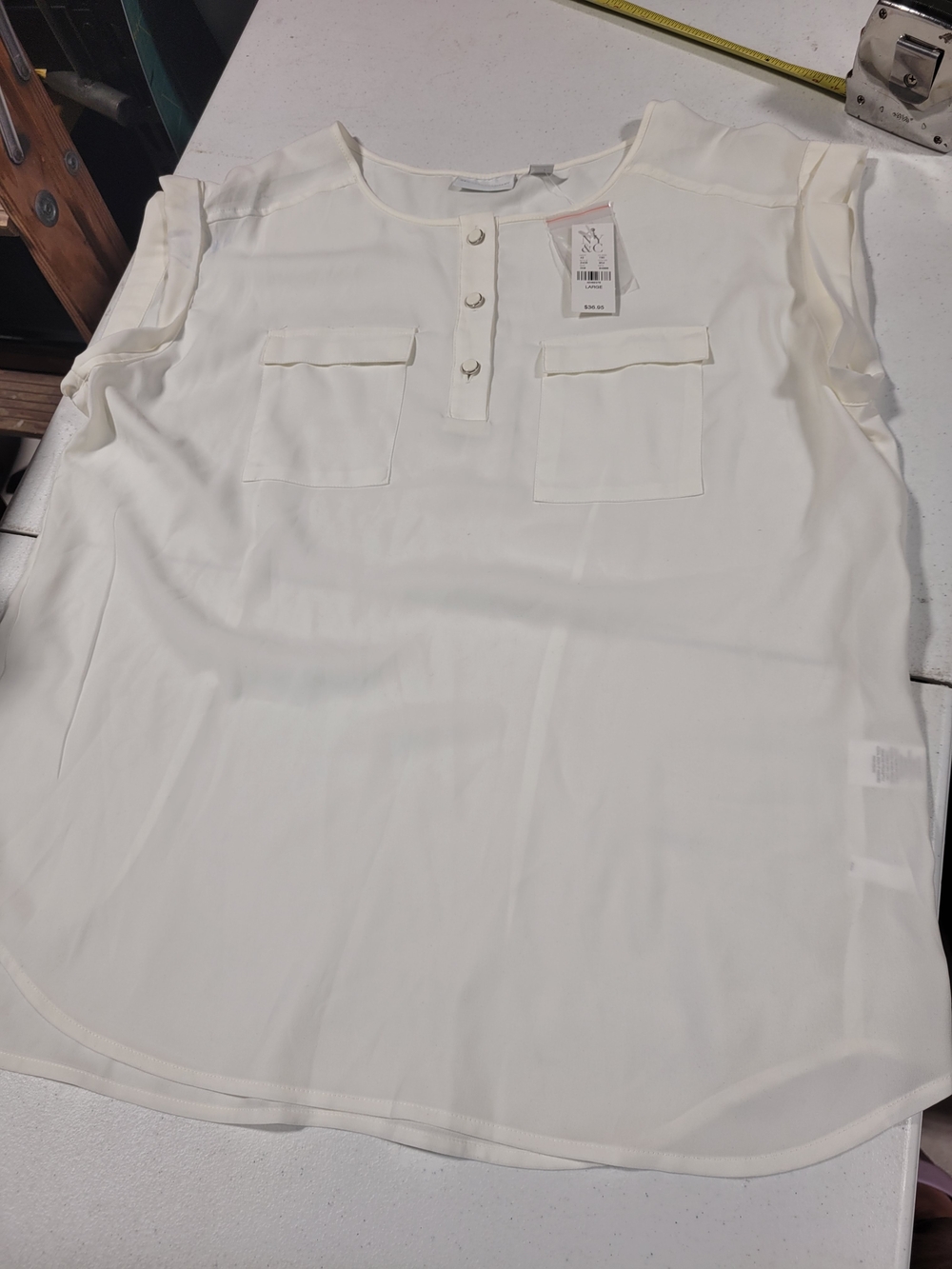 New York & Company Cream Button-Front Pocket Blouse